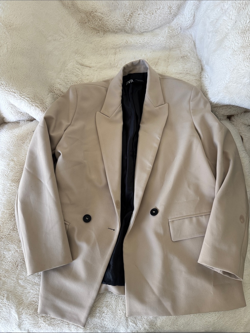 Zara Beige Double-Breasted Blazer with Black Lining